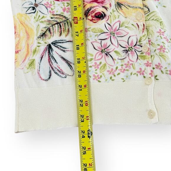 Vintage Talbots Cardigan Womens L Ivory Floral Print V-Neck Cotton Blend Cottage - Picture 9 of 9